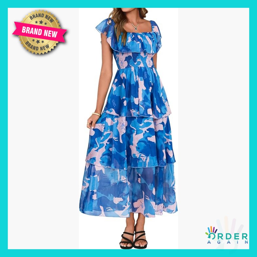 Boho Floral Maxi Dress Off Shoulder Tiered Chiffon Wedding Guest Elegant